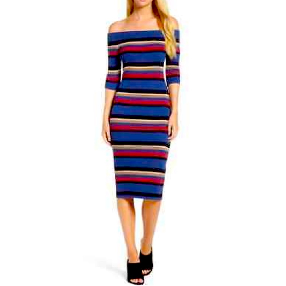 TRINA TURK Blue Black Stripe Off Shoulder Rib Stretch Knit Midi Sweater Dress S
